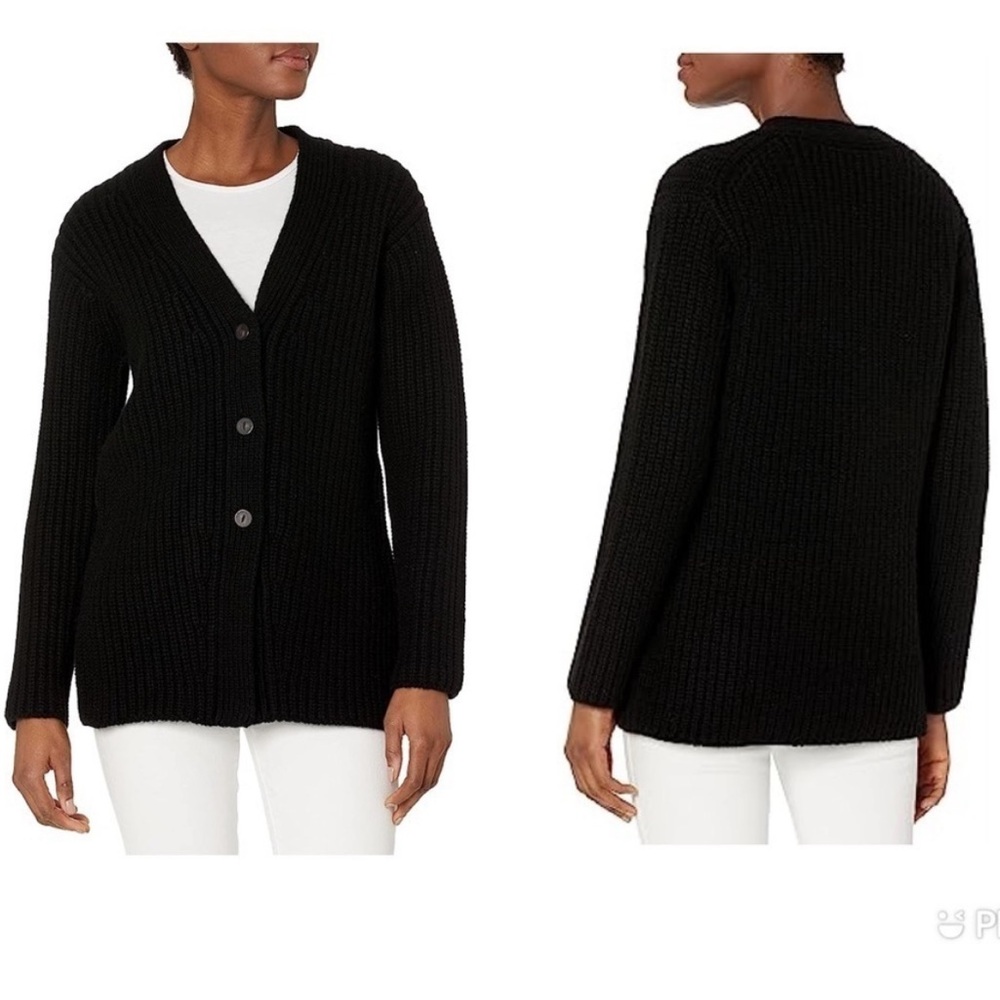 Vince Fitted Ribbed Cardigan‎ Chunky V Neck Wool Yak Black size L sweater